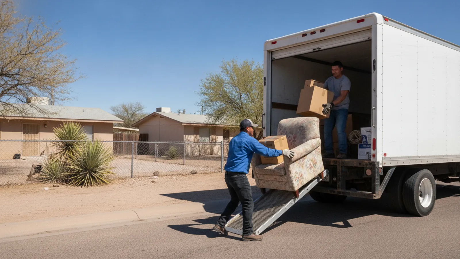Socorro Trash Removal crew loading a junk-removal truck with the Franklin Mountains behind